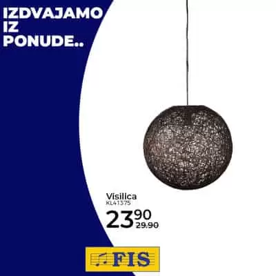Prilikom uređenja doma, odabir rasvjete igra vrlo važnu ulogu. Pravilan odabir rasvjete enterijeru daje poseban ugođaj. Bilo da je riječ o lusteru, spot svjetiljkama ili možda ukrasnoj rasvjeti, u našoj ponudi sigurno ćete pronaći upravo ono što vam treba. Iz široke ponude rasvjetnih tijela po akcijskim cijenama izdvajamo ?? ? Akcija traje do 9.12.2019., vidimo se na odjelu rasvjete! strona svjetiljka. Fis akcija. fis akcijski katalog. snizenje. snizeno. popusti. radno vrijeme fis. kontakt fis. zaposlenje fis visilica