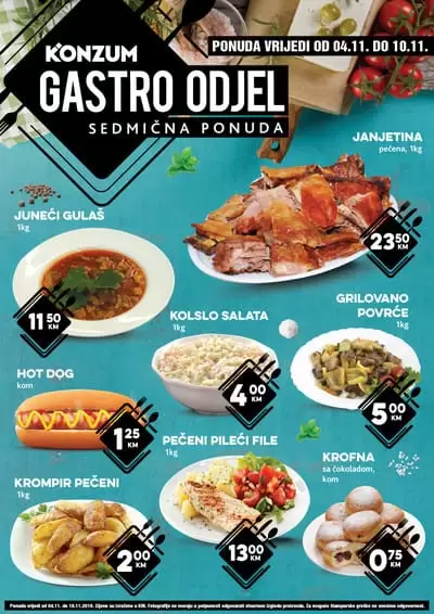 Dok se umorni vraćate s posla ne morate brinuti šta ćete spremiti za ručak ili večeru, Konzum misli na vas! Na odjelima Gastro i Pekara vaših Super ili Maxi Konzum prodavnica, svakodnevno kuhamo samo za vas . akcijski katalog. super akcija. snizenje. popusti. 