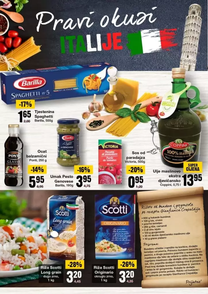 Dani italijanske kuhinje u mercator trznim centrima. odlicna akcija. super akcija. popusti. snizenje. snizeno. hrana. zdrava hrana.  barilla tjestenina