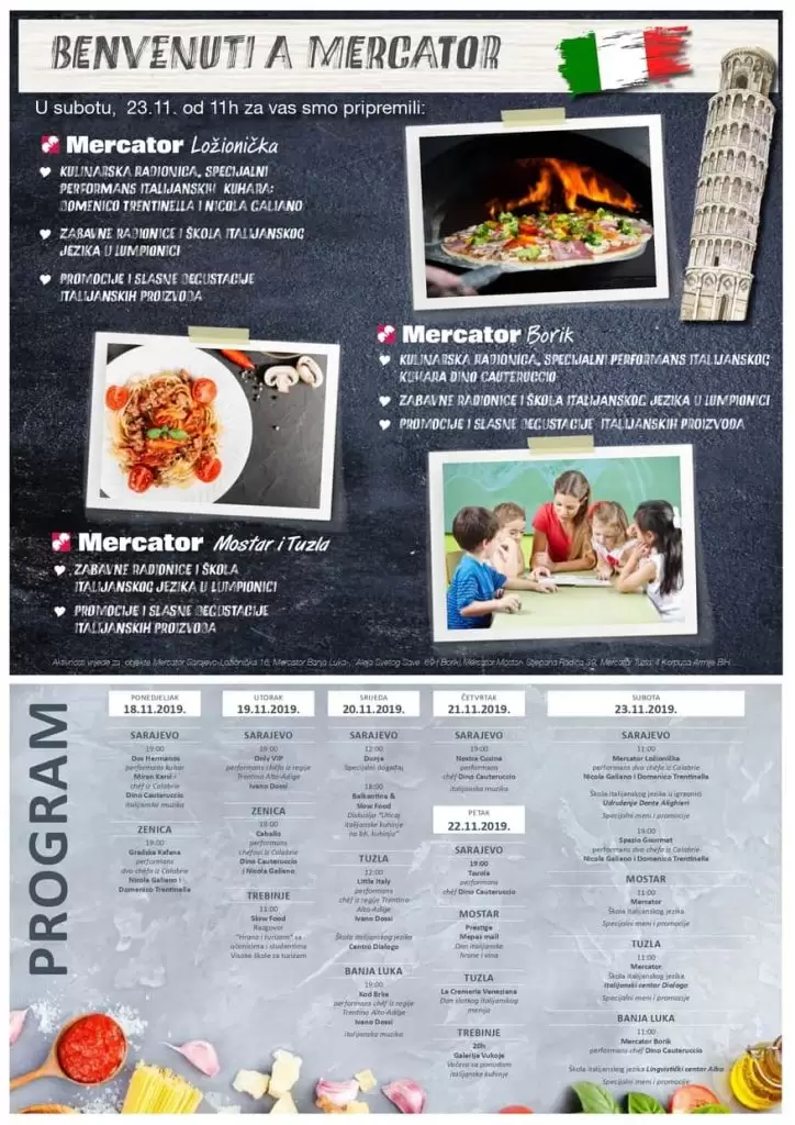 Dani italijanske kuhinje u mercator trznim centrima. odlicna akcija. super akcija. popusti. snizenje. snizeno. hrana. zdrava hrana.  super akcija. dani italije
