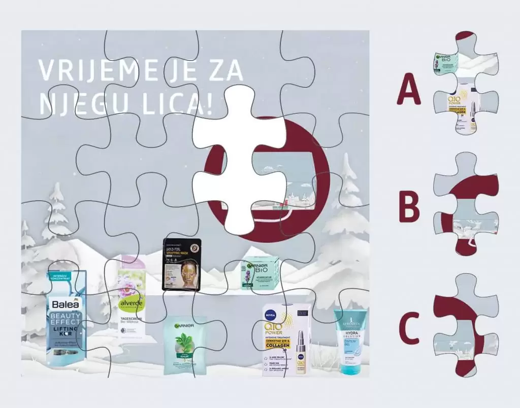 Vrijeme je za njegu lica! U periodu od 13.11. do 26.11.2019. učestvujte u nagradnom takmičenju i osvojite neodoljivi Beauty box s proizvodima za njegu lica! Temeljito, ali nježno svakodnevno čišćenje i dobra hidratantna njega lica pomoći će u održavanju kože zdravom i lijepom. Kvalitetni proizvodi prilagođeni vašem tipu kože zaštitit će kožu od štetnih uticaja, a u dm prodavnicama možete pronaći najbolju ponudu proizvoda za njegu lica! I pri kupovini dobiti peškir na poklon i učestvovati u nagradnom takmičenju! Kako učestvovati? 1. Kupite proizvode za njegu lica u vrijednosti od 18 KM ili više. 2. Popunite obrazac s brojem računa, brojem dm prodavnice i ličnim podacima. (Primjer računa je na slici ispod.) 3. Riješite jednostavan zadatak, upišite odgovor u predviđeni formular i budite dobitnik jednog od 100 dm Beauty boxova za njegu lica. Sretno svima! Napomena: Nagradu mogu osvojiti samo fanovi iz BiH. Upišite koja puzzla nedostaje slici ispod:
