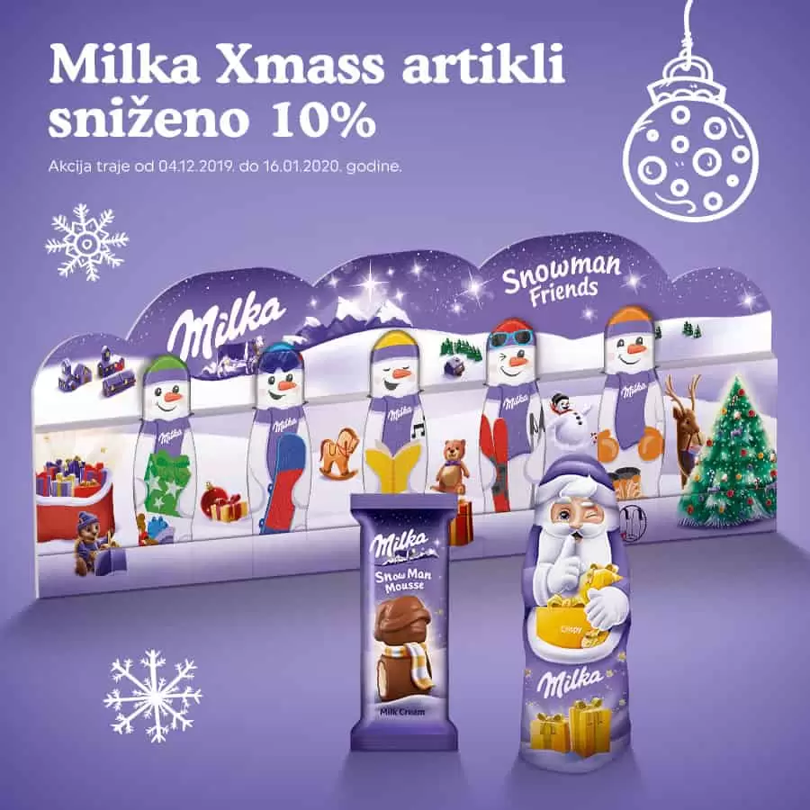 Milka Xmass artikle snižene 10% potražite u Bingo trgovinama. Akcija trajeu periodu od 4.12.2019. do 16.1.2020. Posjetite nas! Bingo.