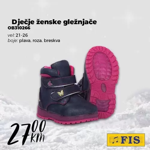 NOVO U PONUDI!  Zima, zima, e pa šta je, ako je zima nije lav, ne boji se tko je... šta? Zabundan :).  Vrijeme za topliju odjeću i obuću je stiglo, stoga u FIS centrima možete pronaći tople dječje muške i ženske gležnjače savršene za hladno vrijeme.  Vidimo se u FIS-u, jer se uz FIS i zima lakše podnosi! FUTROVANE CIZME