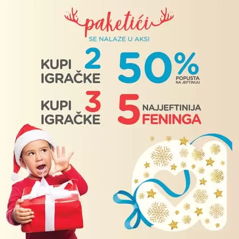 Decembar je mjesec koji označava dolazak nečeg novog - novih iskustava, novih uspomena i nove Aksa akcije. Tokom celog mjeseca decembra pripremili smo specijalnu akciju na igračke za vaše mališane! Ukoliko kupite dvije igračke, drugu dobijate za 50% manju cijenu, a ukoliko kupite 3 ili više igračaka, najjeftiniju dobijate za 5 feninga. snizenje igracke. snizeno. popusti. akcije. aksa. prodavnica za djecu. sve sto vam je potrebno za bebu i dijete na jednom mjestu.