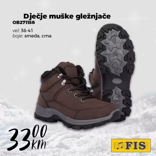 NOVO U PONUDI!  Zima, zima, e pa šta je, ako je zima nije lav, ne boji se tko je... šta? Zabundan :).  Vrijeme za topliju odjeću i obuću je stiglo, stoga u FIS centrima možete pronaći tople dječje muške i ženske gležnjače savršene za hladno vrijeme.  Vidimo se u FIS-u, jer se uz FIS i zima lakše podnosi!