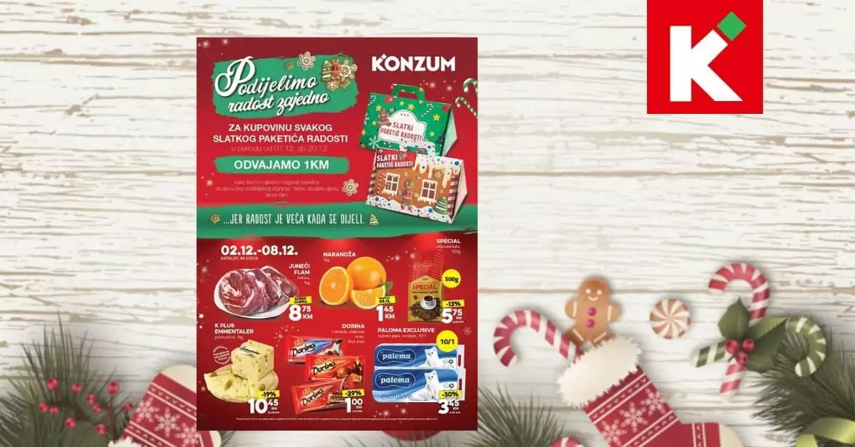 konzum akcijaki katalog. konzum snizenje. snizeno. akcija. popusti. katalozi. radno vrijeme. zaposlenje. novogodisnje snizenje u konzum trgovinama. ?✨Podijelimo radost zajedno ✨? Decembar je mjesec darivanja, iskrene dječije radosti i čarolije koju nose praznici ✨ stoga učinimo da svako dijete osjeti radost praznika ✨ Za kupovinu svakog Slatkog paketića radosti ? u Konzumu od 01.12.-20.12. ODVAJAMO 1KM kako bismo zajedno osigurali novogodišnje paketiće za djecu bez roditeljskog staranja i teško oboljelu djecu širom Bosne i Hercegovine. Jer radost je veća kad se dijeli ? mikse grijalica. novogodisnjii poklon