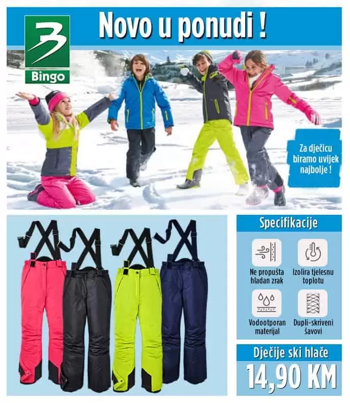 Novo u našoj ponudi! U Bingo trgovinama potražite dječije ski hlače, odličan i funkcionalan izbor za sve zimske aktivnosti i bezbrižnu igru.⛷? Napravljene od materijala koji štiti od vjetra i izolira tjelesnu temperaturu. Hlače su vodootporne i pouzdane za aktivnosti na različitim terenima. ❄☃?