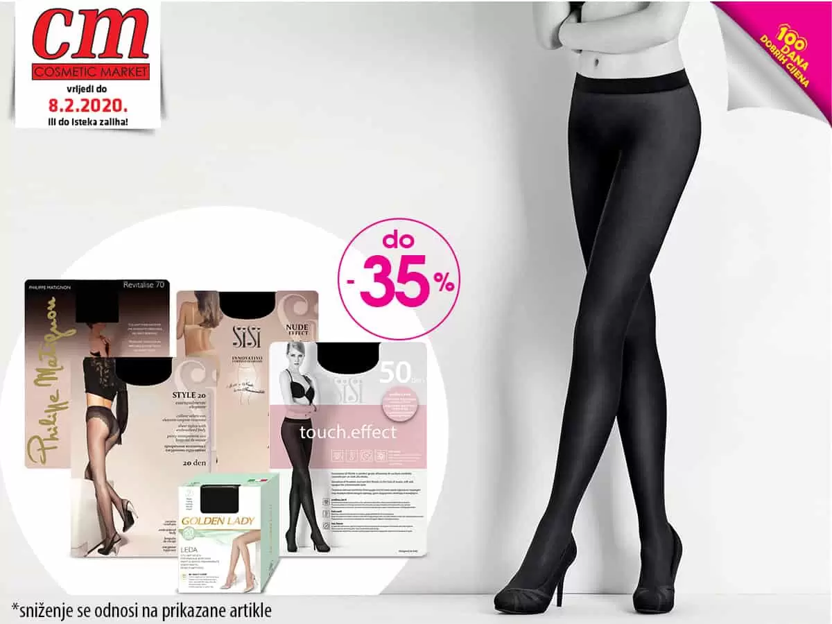 Čarape su neophodne u ormaru svake dame, ali zbog svih različitih modela koji su dostupni na tržištu, teško je odabrati one prave, stoga ih želimo imati u što većem broju! ?? Ove zime, u cm-u pronađite sniženje ženskih čarapa veoma poznatih brendova: Sisi, Golden Lady i Philippe Matignon! Do -35% na navedene brendove, sve veličine!