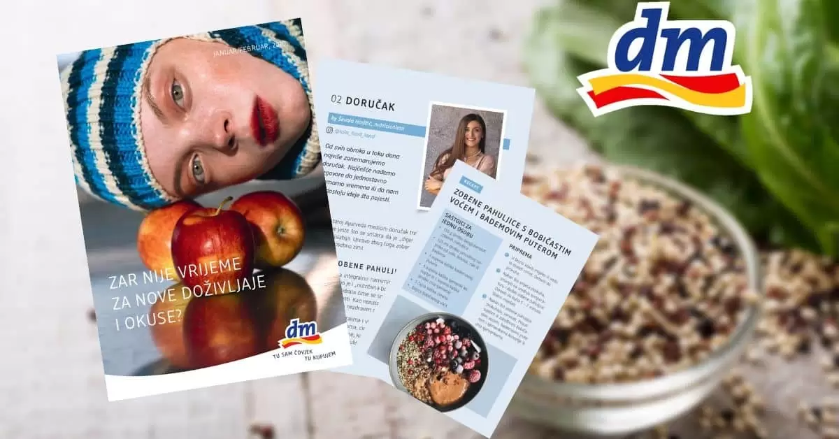 Savjetnik: Osviještena ishrana U dm prodavnicama potražite Savjetnik o osviještenoj ishrani s receptima i savjetima nutricionista. Ukoliko želite promijeniti svoje svakodnevne prehrambene navike a ne znate odakle početi, u suradnji s nutricionisticama Amelom Ivković O'Reilly, Marizelom Šabanović i Ševalom Hodžić pripremili smo za vas prijedlog recepata kao i savjete šta su najbolje navike kada je osviještena i balansirana ishrana u pitanju. Savjetnik možete pronaći u dm prodavnicama kao i na linku ispod. Želimo vam sretan početak novih navika i ustrajnost u njima! Jer: PROMJENA POČINJE U TEBI.