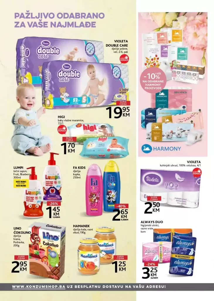konzum, ackijski katalog. letak. popust. bebe pelene pampers violeta