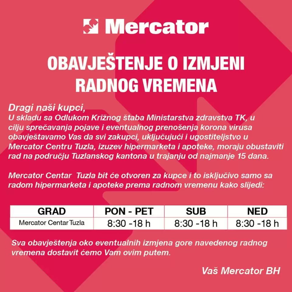 radno vrijeme mercator prodavnica. korona virus.