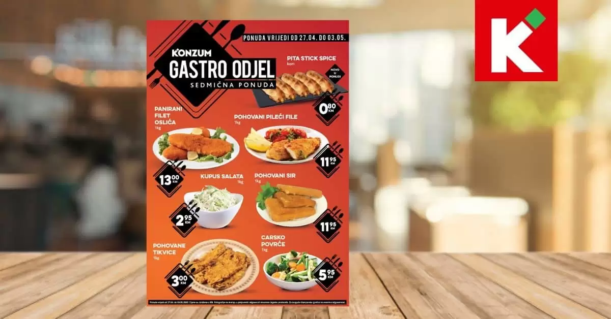 gastro odjel konzum. snizenje. akcija. popust, katalog.