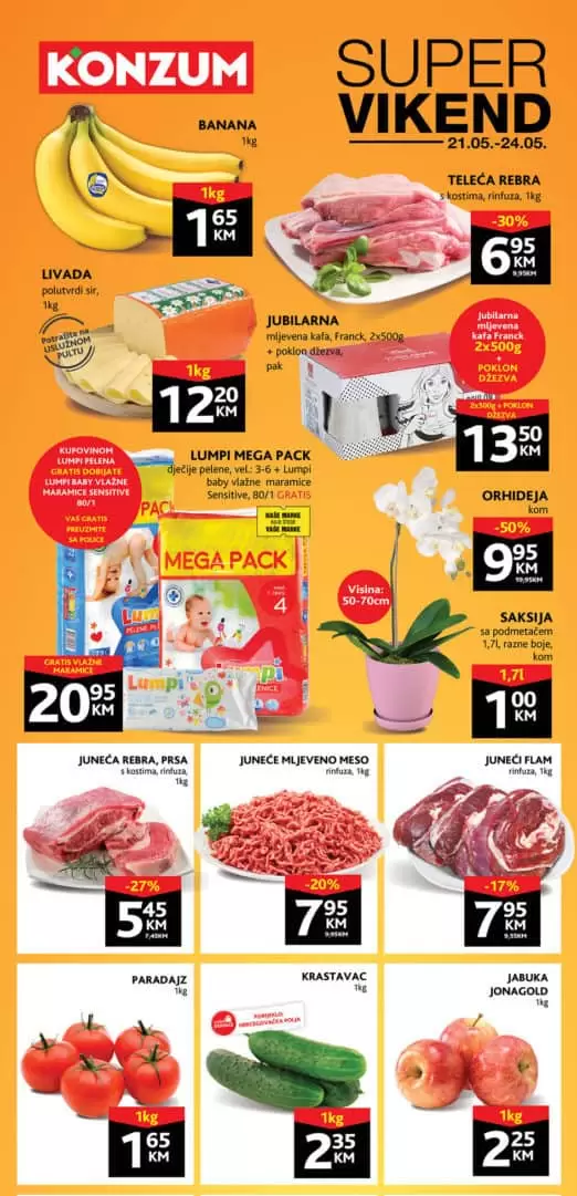 Konzum vikend ackija. snizeno. snizenje. akcija. popust,. babane cijena. pelene akcija