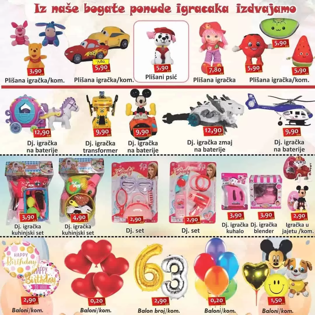 izbor trgovine katalog. izbor trgovine snizenje.  patrolne sape plisane igracke. baloni minni mouse, miki mouse. baloni u obliku srca. igracke za djecu.