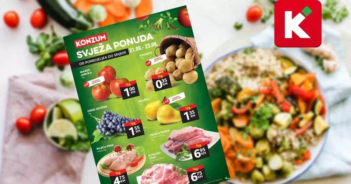 svjeza ponuda konzum. krompir. paradajz. grozdje. svjeze meso. kruska.