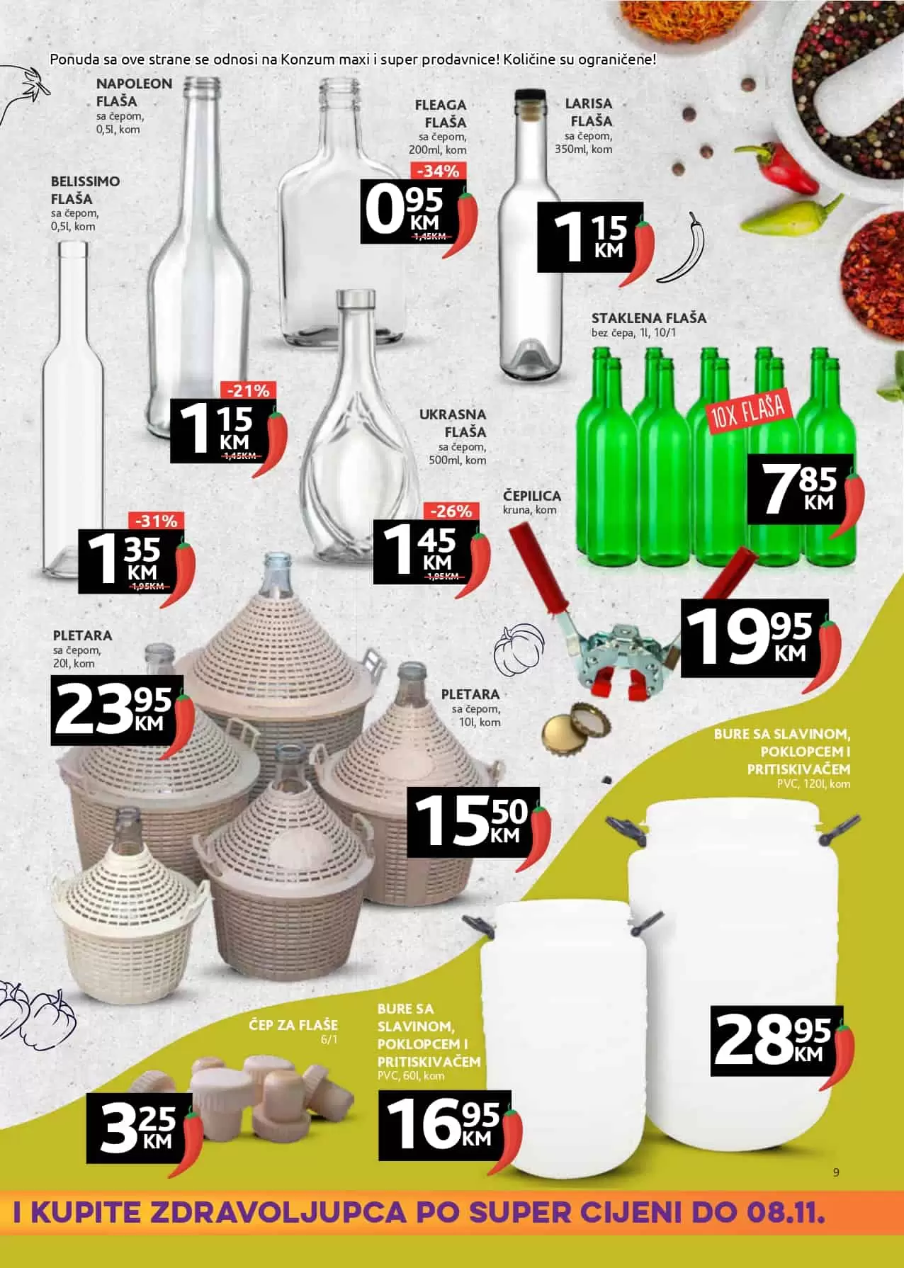 zdravoljupci. Konzum katalog. konzum snizenje.  staklena flasa sa cepom. cep za flasu. 