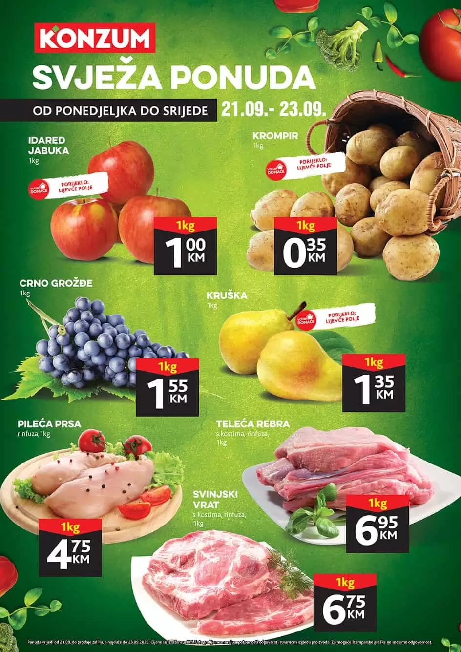 svjeza ponuda konzum. krompir. paradajz. grozdje. svjeze meso. kruska. 