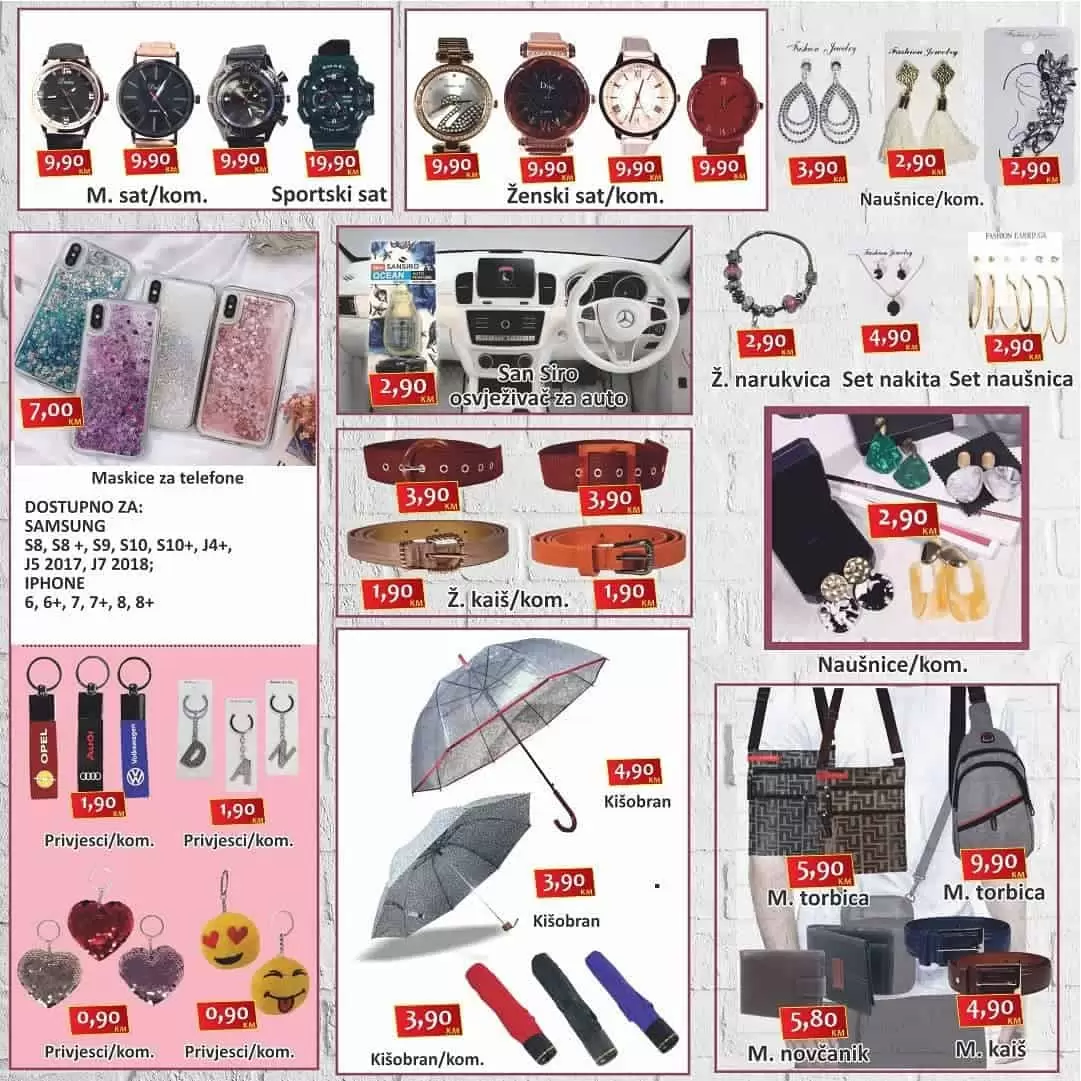 izbor trgovine letak. snizenje. akcija. popust.  sata, kisobran. torba. ruksak. privjesak za kljucve. sta izabrati za poklon. 