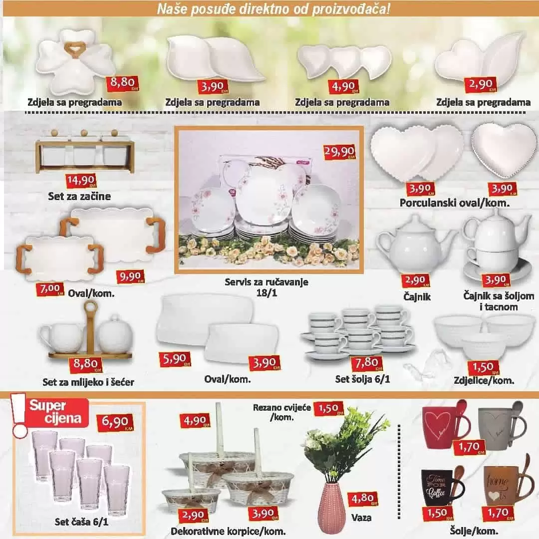 izbor trgovine akcijski katalog. snizenje. akcija. popust.  posudje. tanjir. porculanski tanjir. set za rucavanje.