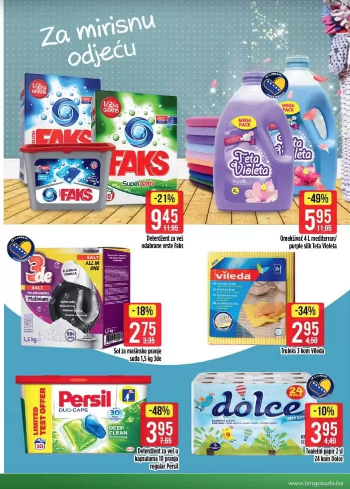 bingo vikend akcija. bingo snizenje. bingo akcija. bingo popust. deterdzent teta violat. faks. kapsule za pranje odjece. dolce toalet papir. persil.