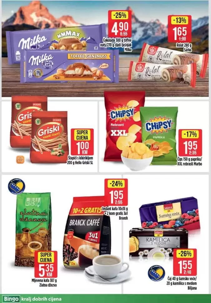bingo akcijski katalog. snizenje. popust. akcija. snizeno.  chipsy cips. milka cokolada. 