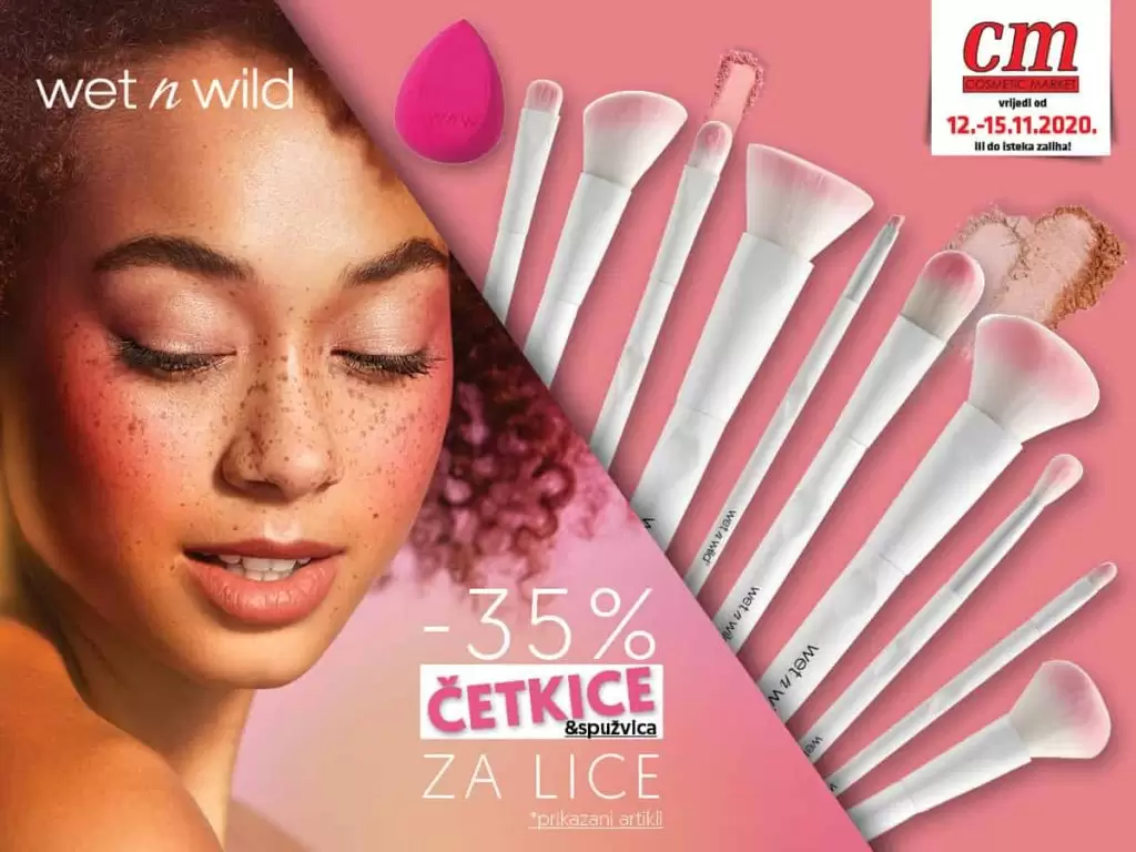Wet n Wild američki broj jedan kada je u pitanju dekorativna kozmetika! U cm poslovnicama pronađite Wet n Wild četkice za šminkanje pomoću kojih će te lako postići profesionalni izgled. Za vas smo snizili cijene četkica i spužvice -35% od 12.-15.11.2020.