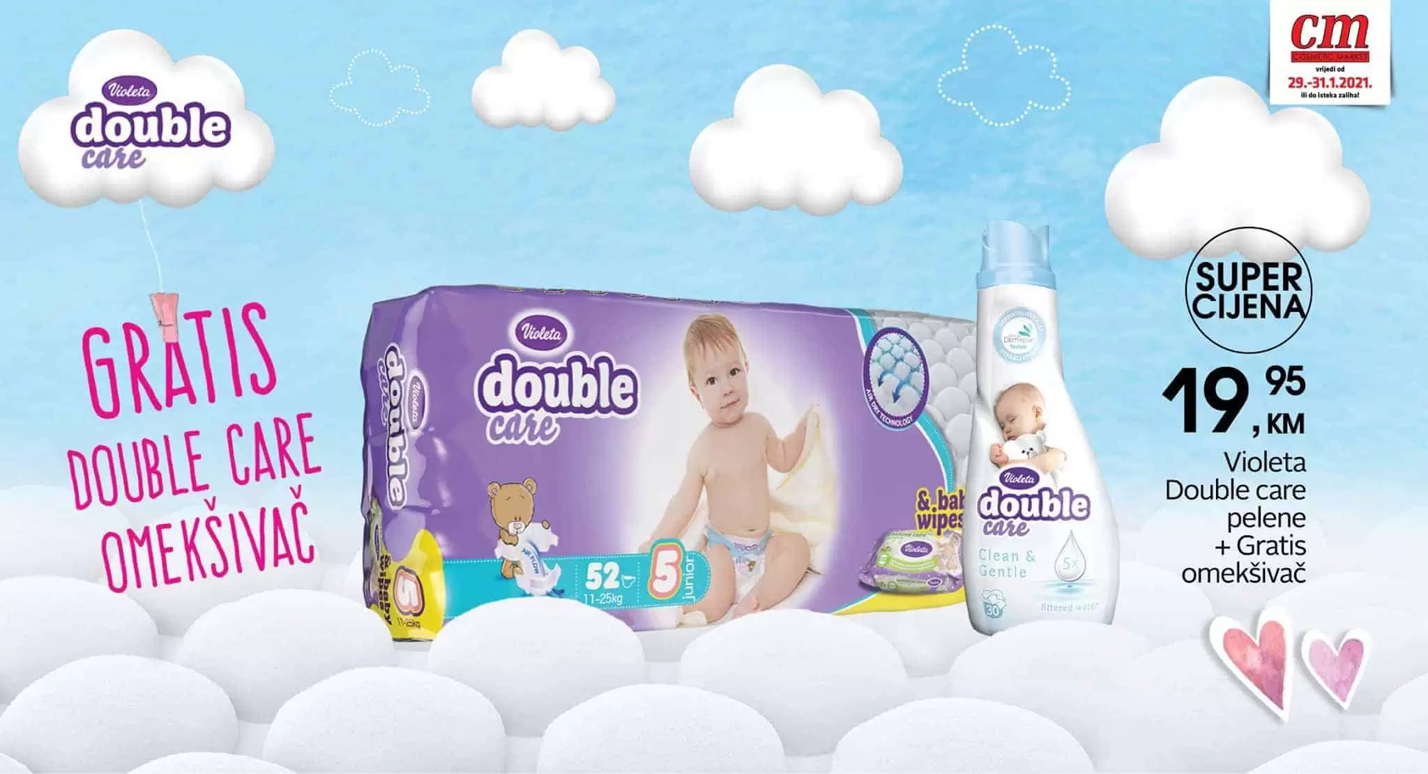 cm i Violeta vole poklanjati! ❤ U svim cm poslovnicama uz kupovinu Violeta Double care pelena, na poklon dobivate Violeta Double care omekšivač rublja! Aktivnost traje do od 29.-31.1. 2021. godine! *cijena pelena je 19,95 KM