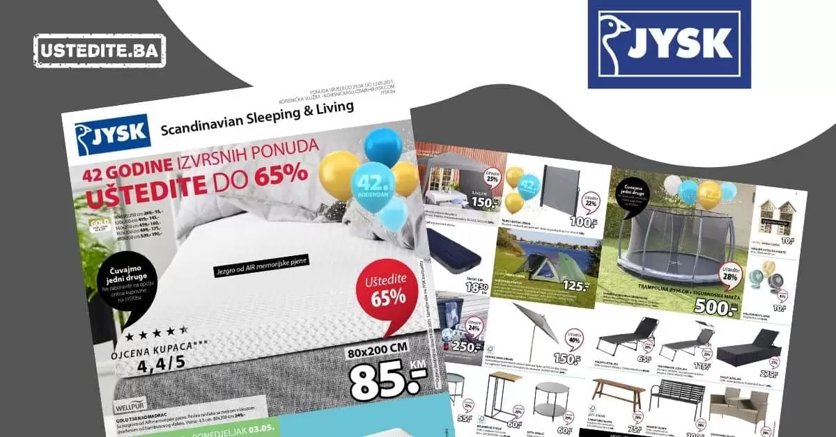 Jysk akcijski katalog. letak. snizeno. snizenje. popust. usteda. usteda novca.