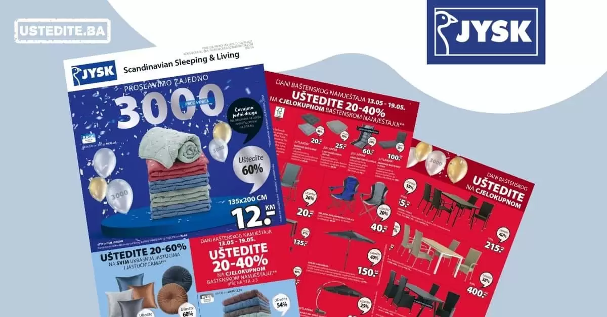 Jysk akcijski katalog. letak. snizeno. snizenje. popust. usteda. usteda novca.