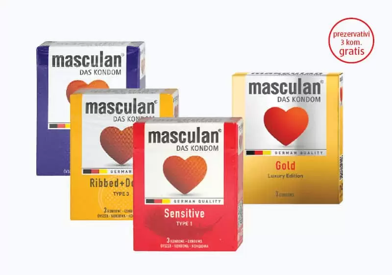 masculan  Kupovinom bilo kojeg pakovanja masculan prezervativa od 3 kom., na kasi preuzmite masculan Gold Luxury Edition prezervative na poklon.