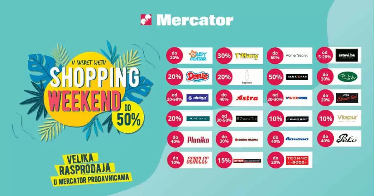 HOPPING WEEKEND U MERCATORU‼️ Dragi kupci, ovog vikenda smo zajedno sa našim zakupcima za vas pripremili super sniženja na vaše omiljene brendove? ‼️Ne propustite super priliku za pravi ljetni shopping i ostvarite fantastične popuste pri kupovini! ??? Svi ste pozvani i dobrodošli uz obavezno poštivanje svih propisanih epidemioloških mjera.