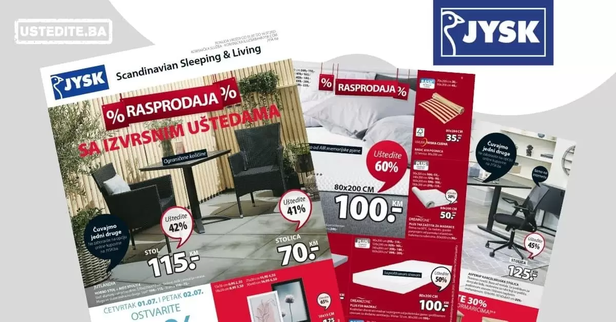Jysk akcijski katalog. letak. snizeno. snizenje. popust. usteda. usteda novca.