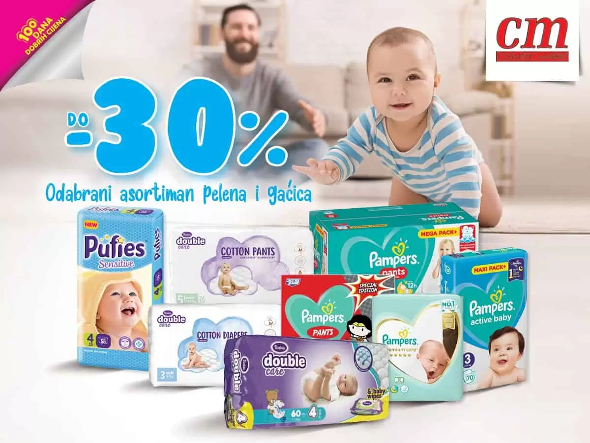 iskoristite sniženje na odabrani asortiman  pelena  i gaćica  za bebače. Do -30%. ❤