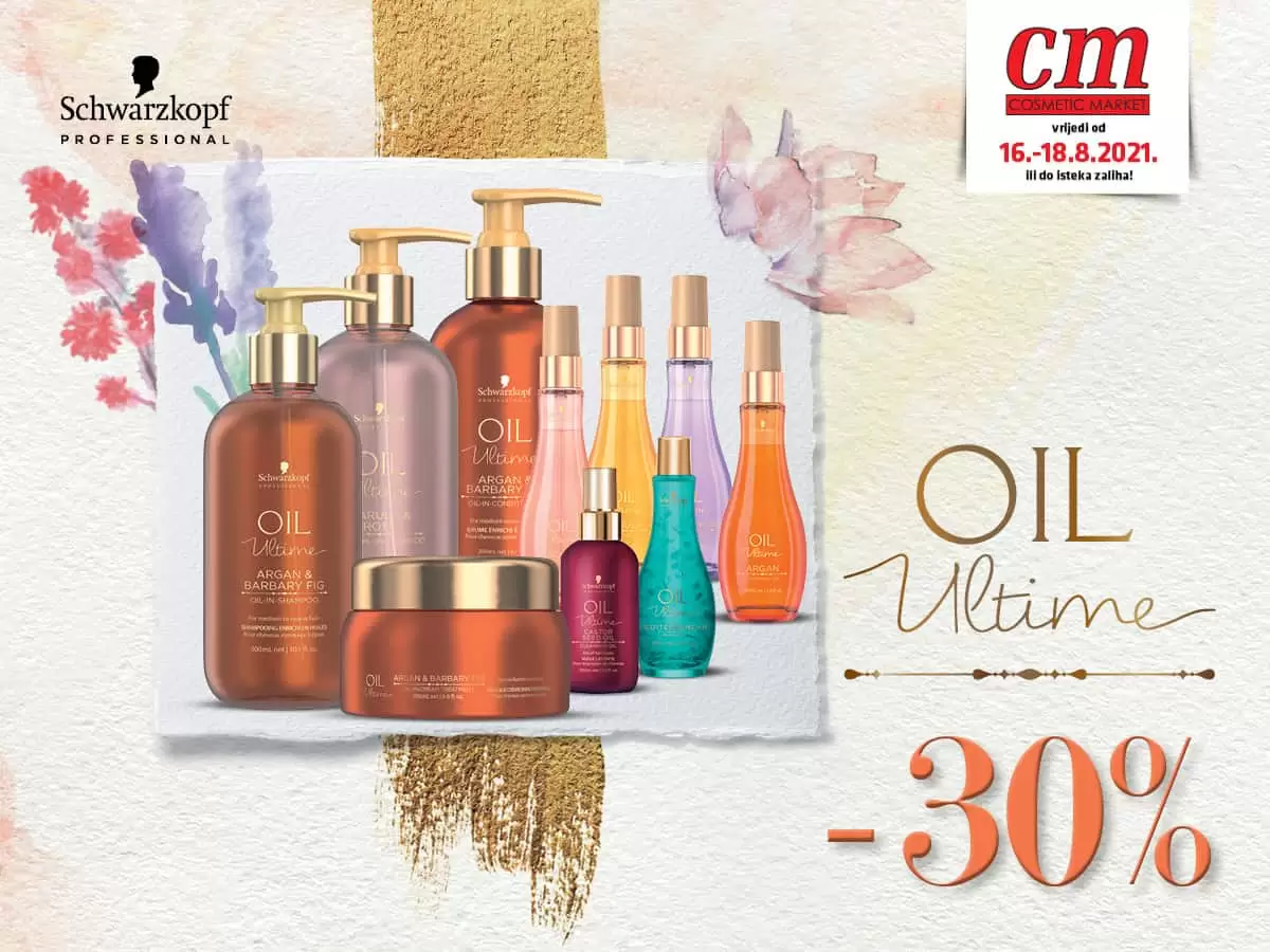 OIL Ultime otvara vrata u svijet premium njege koja kosi vraća ravnotežu. Proizvodi obogaćeni uljima, koja se već tisućama godina koriste u medicinske i kozmetičke svrhe, ističu istinsku ljepotu pojedinca i dokazuju da je ona savršen spoj vanjskog sjaja i unutarnje ravnoteže. Ne propusti -30% na Oil Ultime liniju.