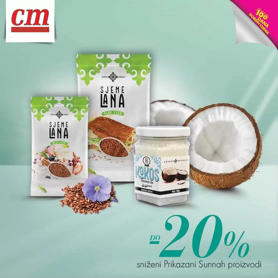 Kokosovo ulje se koristi u ishrani i za olakšavanje nekih medicinskih stanja kao što su dijabetes, srčana oboljenja,kronična iscrpljenost,za vraćanje energije i oporavljanje imuniteta. Ima odličan efekt kao ulje za masažu i njegu kože i kose.  *Sjemenke lana štite organizam od kardiovaskularnih oboljenja, snižavaju kolesterol, poboljšavaju probavu te stabiliziraju razinu šećera u krvi. Također, lan se koristi i za hidratizaciju kože te jačanje kose i poticanje njenog rasta. U cm pharm poslovnicama potražite prikazane Sunnah proizvode snižene do -20% i budite zdravi i fit.