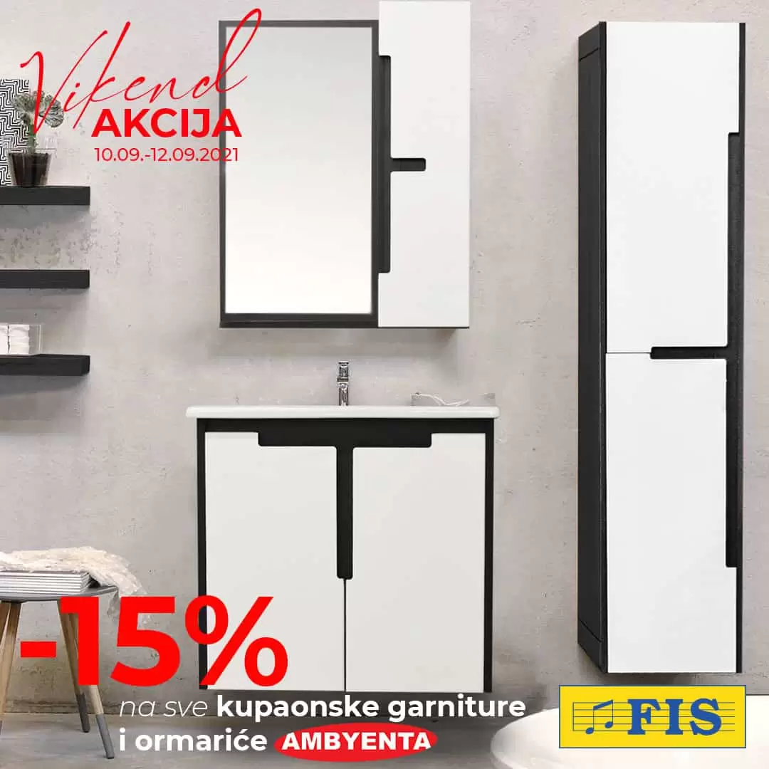 FIS je za vas pripremio još jednu odličnu ponudu! Fis vikend akcija 10-12.09.2021. godine! Kupaonske garniture Ambyenta, modernog dizajna, kvalitetne i funkcionalne uklapaju se u svako kupatilo! U periodu od 10.- 12. 9. iskoristite -15% na sve garniture i kupaonske ormariće. Ne propustite ovu fantastičnu akciju i posjetite odjele kupaonske opreme u FIS-ovim centrima.