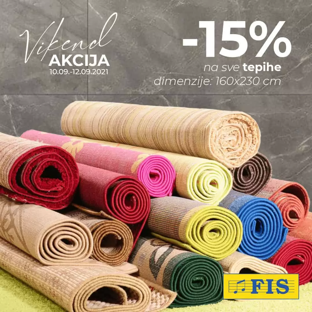Na odjelima tepiha u prodajnim centrima FIS očekuje vas popust od fenomenalnih -15% na sve tepihe dimezije 160 ×230 cm. Raznoliku ponudu dekora, željenu strukturu vlakana, u sniženoj ponudi svatko može pronaći nešto za svoj životni ambyent.