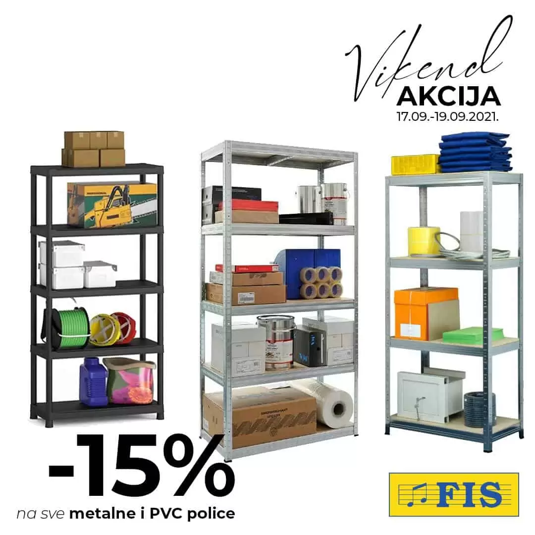 Odlična vikend akcija za vas (17.- 19. 9.) koja donosi -15% na sve metalne i PVC police. Iskoristite ovo odlično sniženje, dovedite u red svoje garaže, ostave ili radionice uz pomoć praktičnih polica s kojima ćete uštedjeti na prostoru i imati savršeno organizirane prostorije.