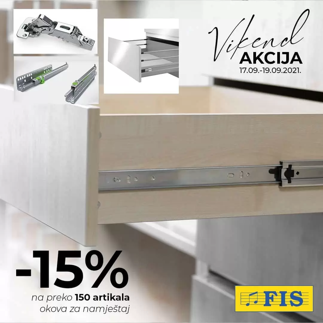 -15% na okove za namjestaj! ✅ Preko 150 artikala okova za namještaj obuhvaćeno je našom vikend akcijom (17.- 19. 9.) sa super popustom -15%! Okov je neizostavni dio svakog komada namještaja koji dodaje nove funkcionalnosti i upotrebnu vrijednost gotovog proizvoda. U ponudi na odjelima repromaterijala nudimo širok izbor spona, vodilica ladica, smart box-ova, sitnog okova. Posjetite nas u dane vikenda i kupujte sa zadovoljstvom.
