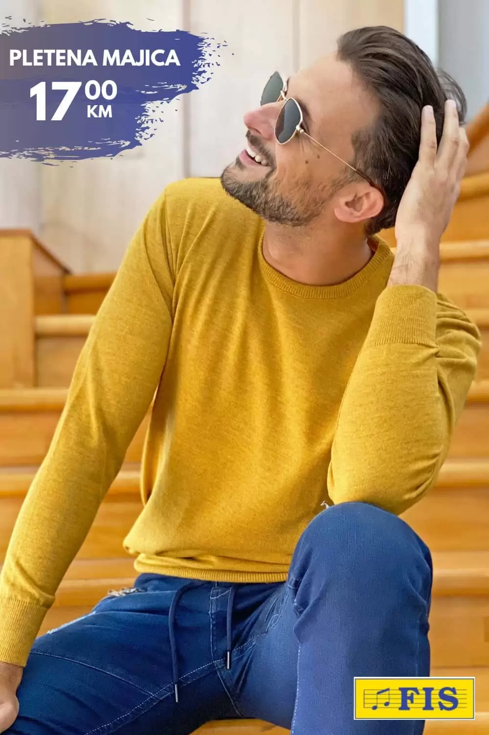 zuti dzemper, oker dzemper, muski dzemper, tetkas hlace, farmerke