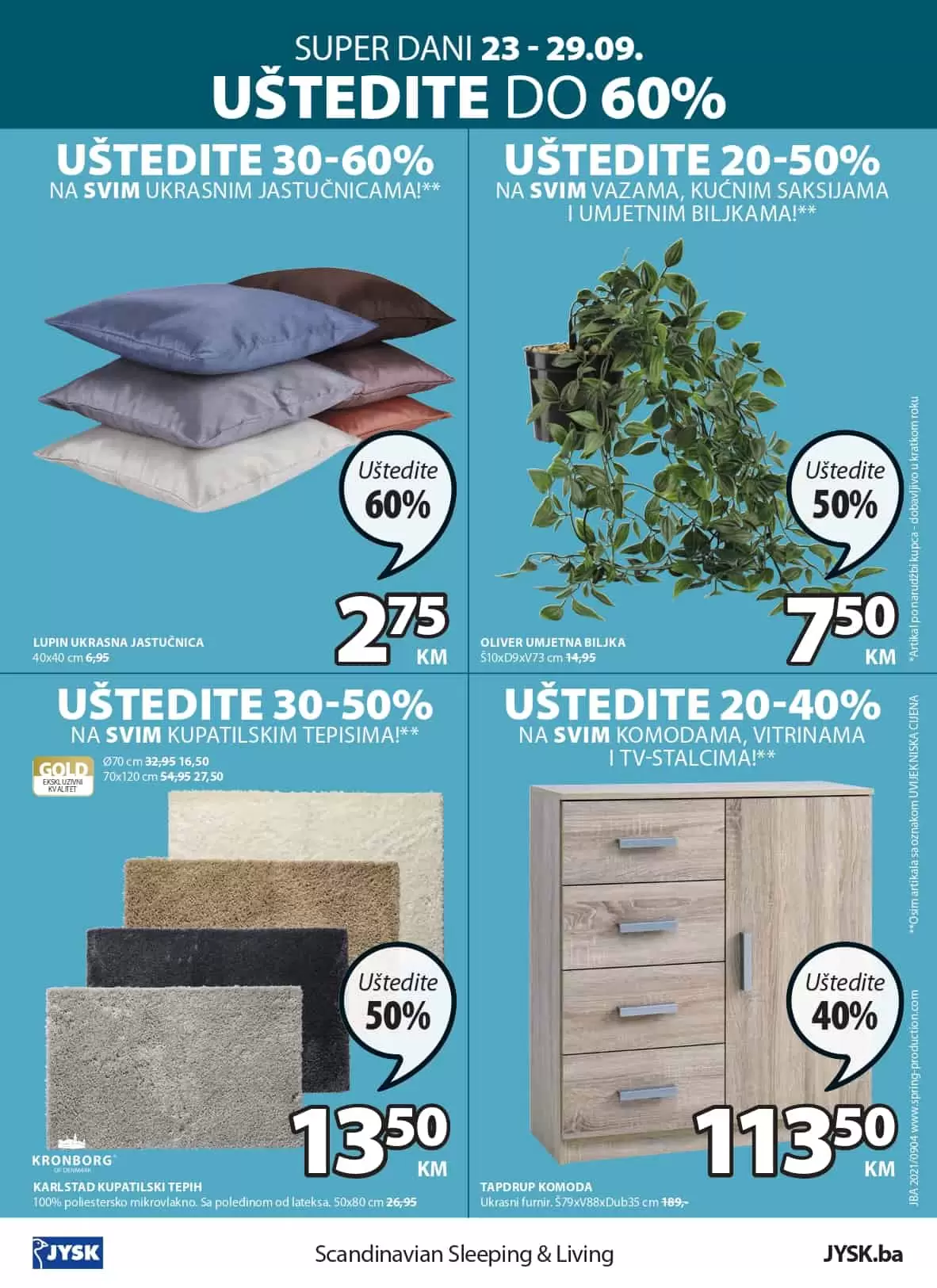 Jysk akcijski katalog. letak. snizeno. snizenje. popust. usteda. usteda novca.