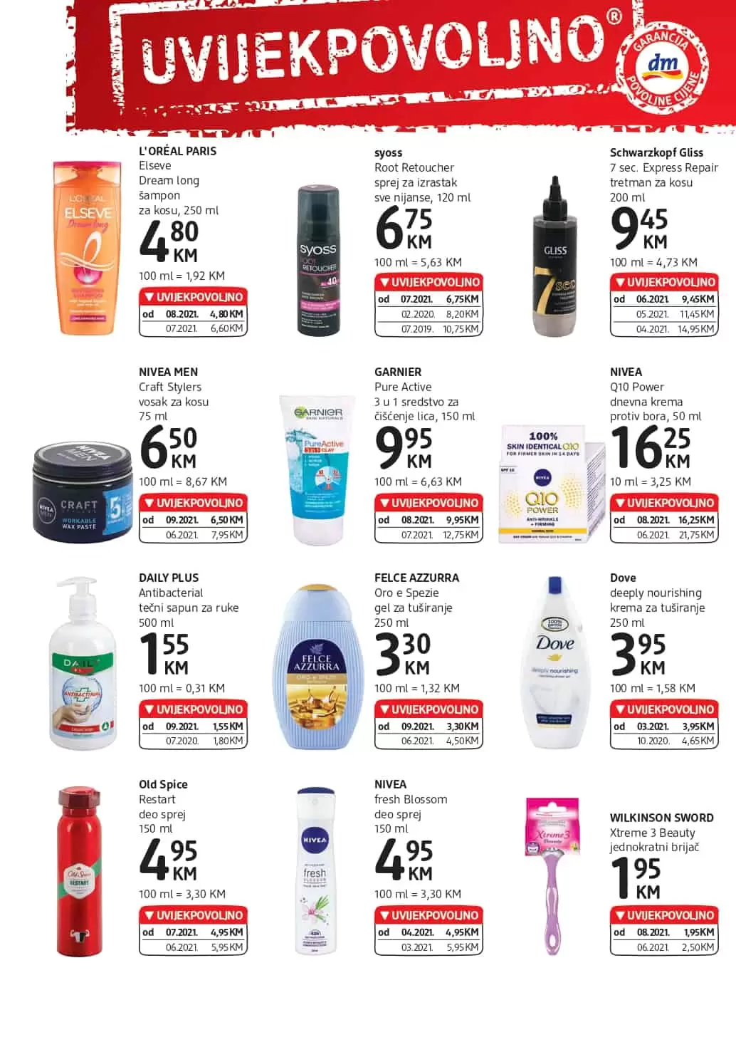 L'ORÉAL PARIS Elseve Dream long šampon za kosu, NIVEA Q10 Power dnevna krema, Dove deeply nourishing krema za tuširanje , NIVEA fresh Blossom deo sprej