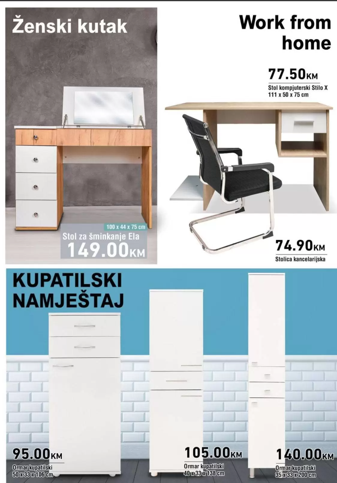 radni stol stolice, kupatilski namjestaj