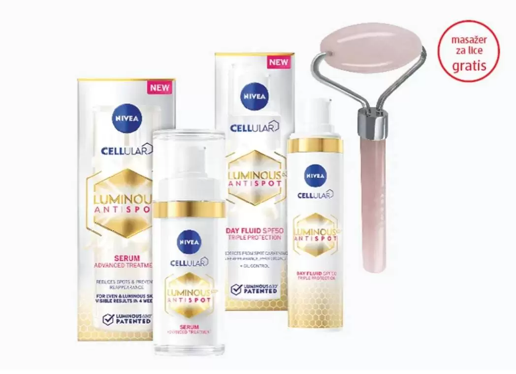 NIVEA~Kupovinom bilo kojeg NIVEA Luminous proizvoda za lice, na kasi preuzmite masažer za lice na poklon.