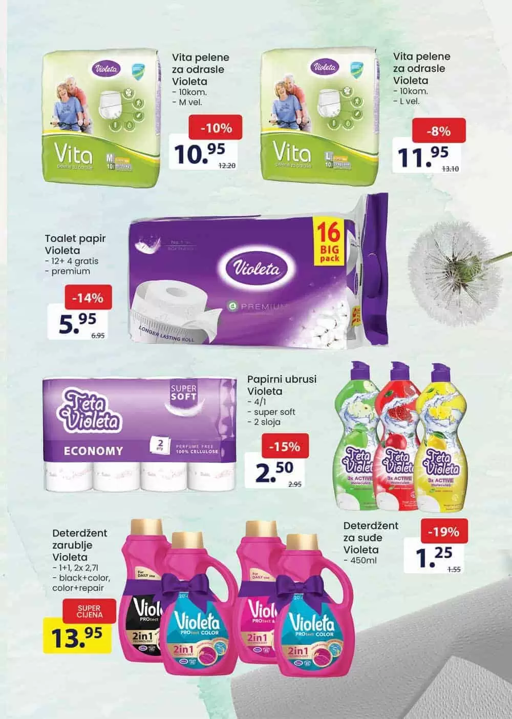 teta violeta toaletni papir, vlazne maramice, deterdzent za sudje