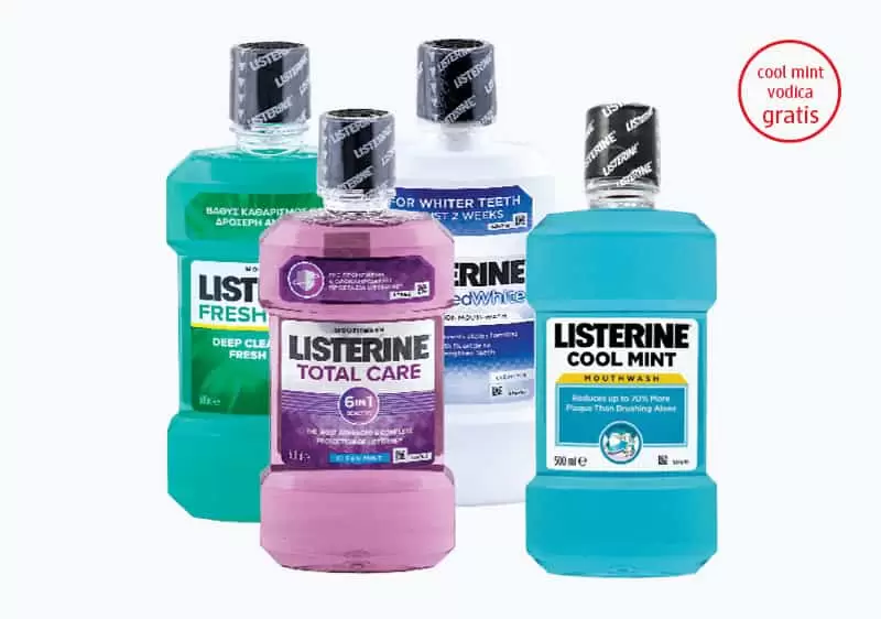 LISTERINE~ Kupovinom bilo koje LISTERINE vodice za ispiranje usta od 500 ml, na kasi preuzmite LISTERINE cool mint vodicu od 500 ml na poklon.