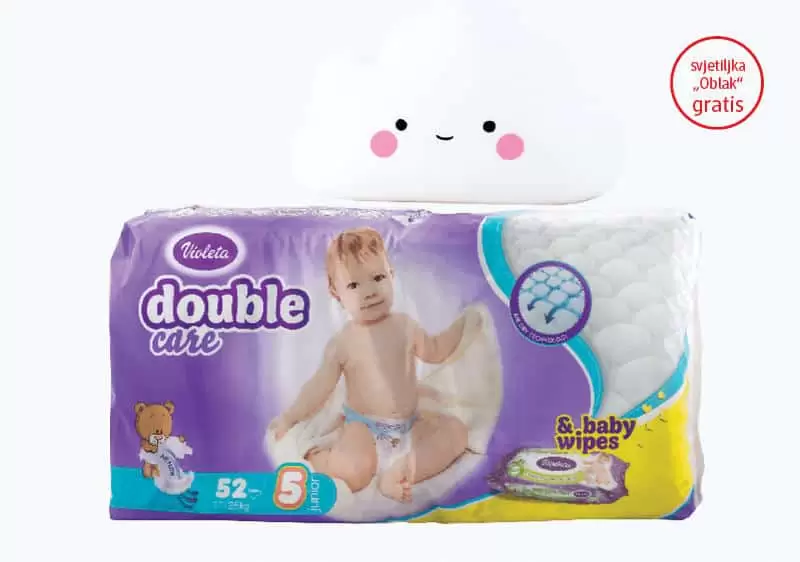 Violeta~Kupovinom bilo kojeg pakovanja Violeta double care air dry pelena, na kasi preuzmite svjetiljku „Oblak“ na poklon.