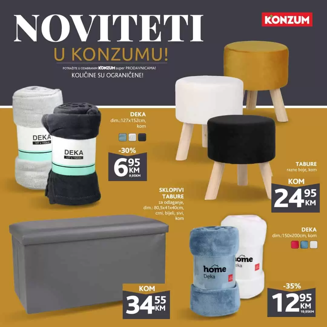 Novo u Konzumu! tabure bijeli, tabure zlatni, tabure crni, deka lagana, mekana deka, bijela deka sklopivi tabure
