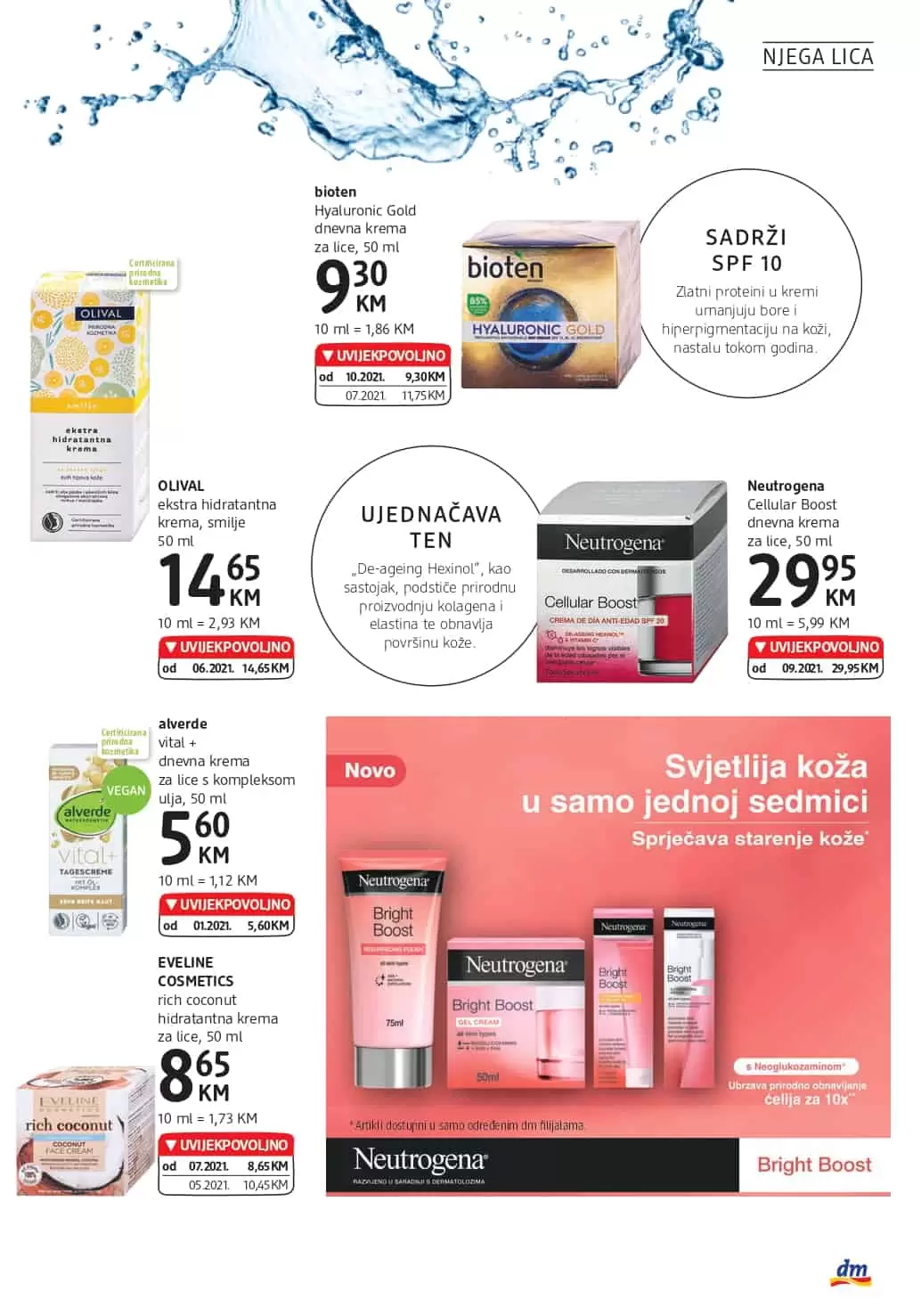 bioten Hyaluronic Gold dnevna krema za lice, OLIVAL ekstra hidratantna krema, smilje, Neutrogena Cellular Boost dnevna krema za lice