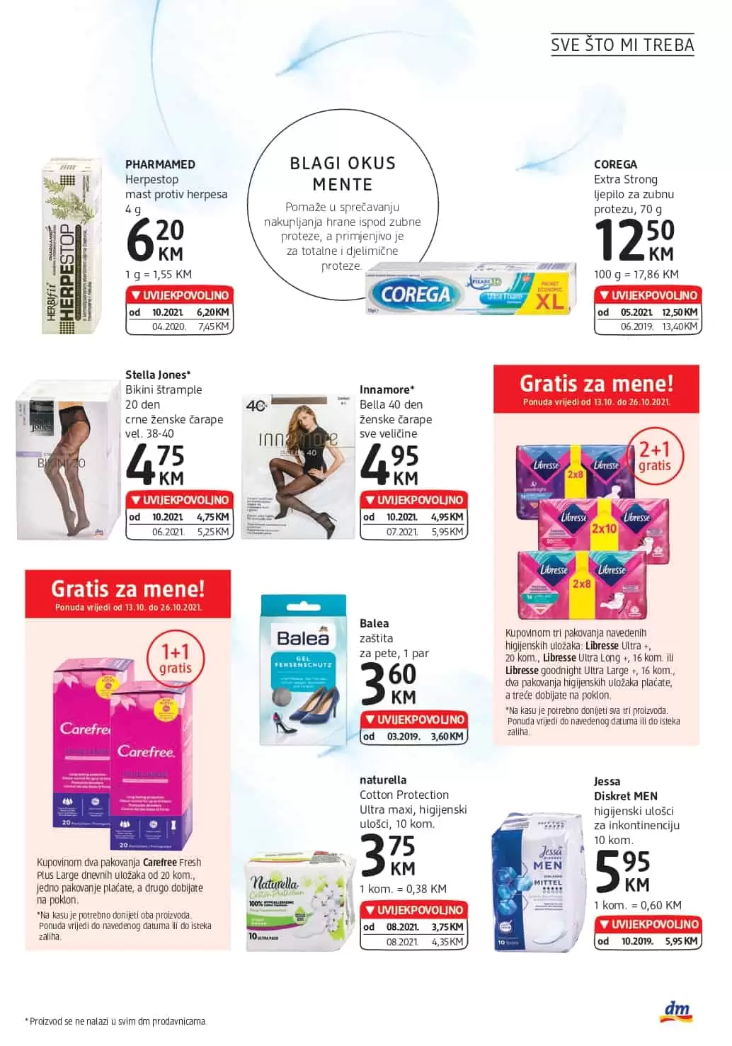 Stella Jones* Bikini štrample 20 den crne ženske čarape, Innamore* Bella 40 den ženske čarape, COREGA Extra Strong ljepilo za zubnu protezu, Jessa Diskret MEN higijenski ulošci za inkontinenciju, 